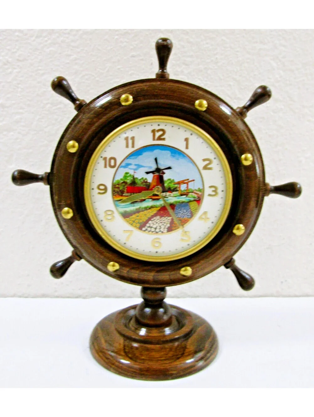 Vintage German Animated Mechanical Ship's Wheel Dutch Windmill Table Clock